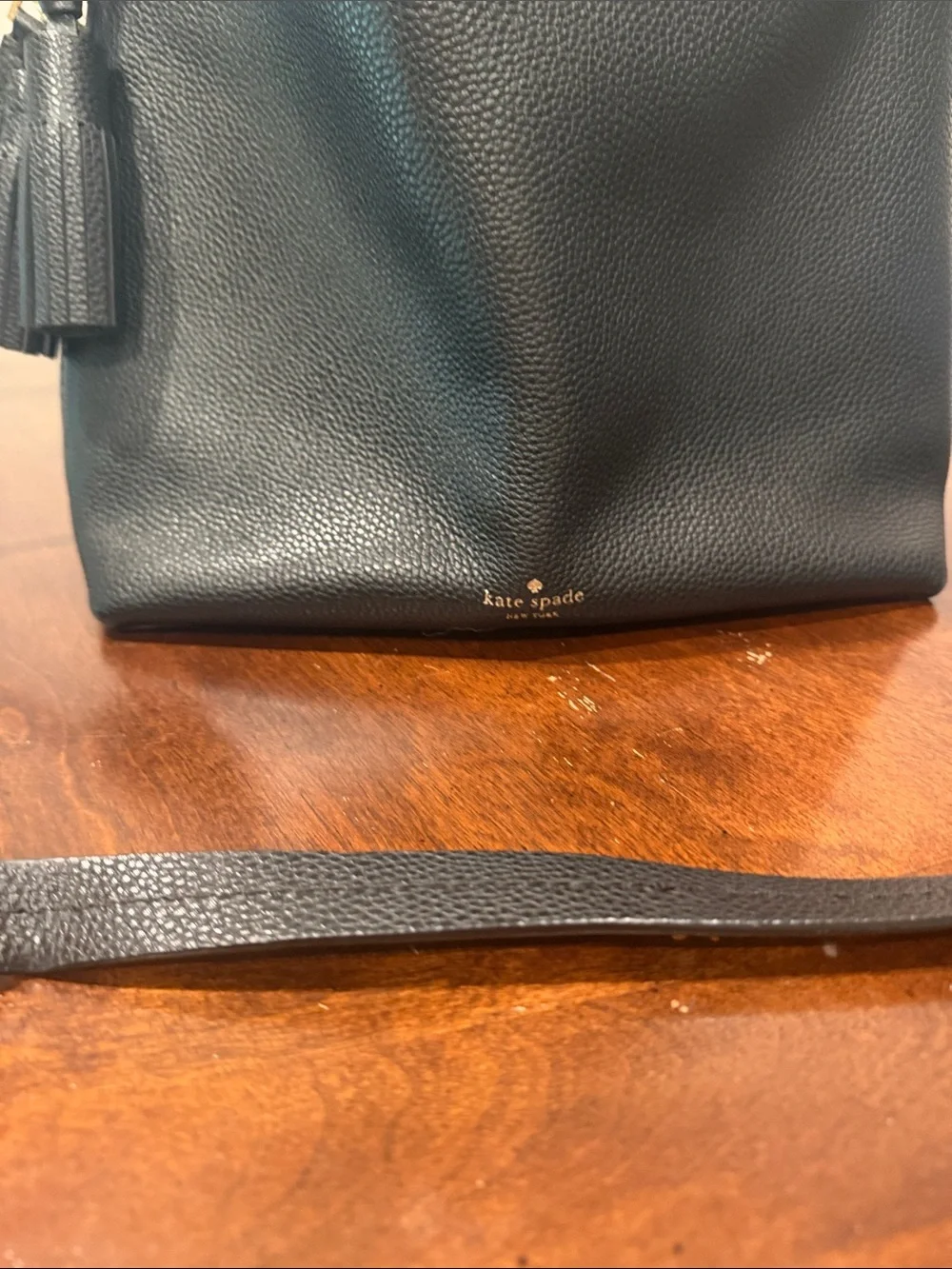 kate spade black pebbled leather shoulder hobo with tassel